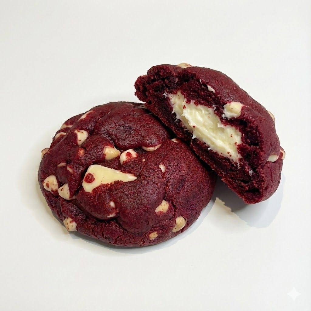 N'Dough red velvet NYC cookie – deep red cookie with cream cheese centre